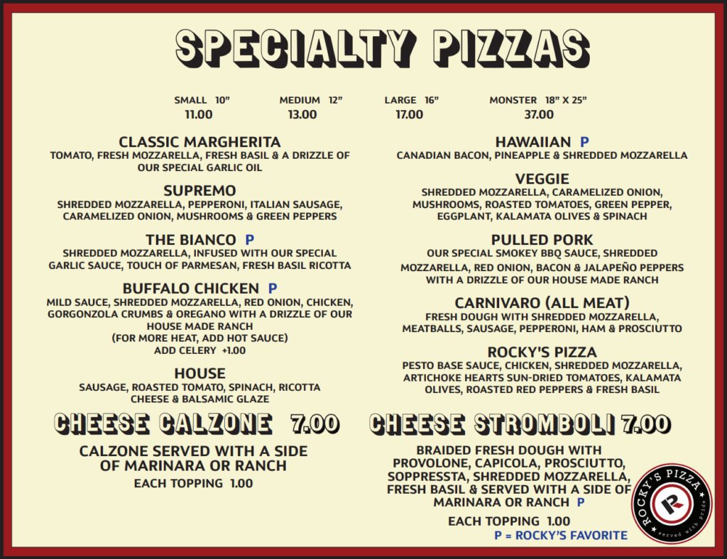 Our Menu We Deliver Rocky's Pizza